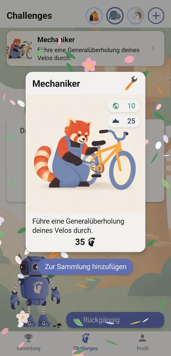 The completed challenge “Mechaniker” with its points