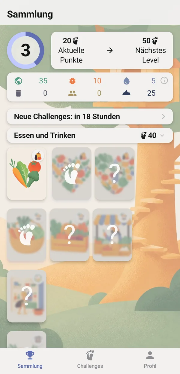 The collection in the app with level, points and collected challenges