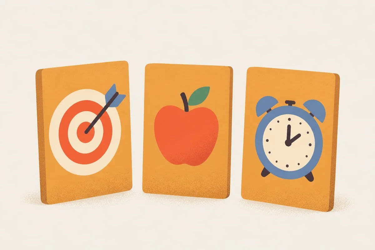 Illustration: Drei Karten mit Zielscheibe, Apfel und Wecker