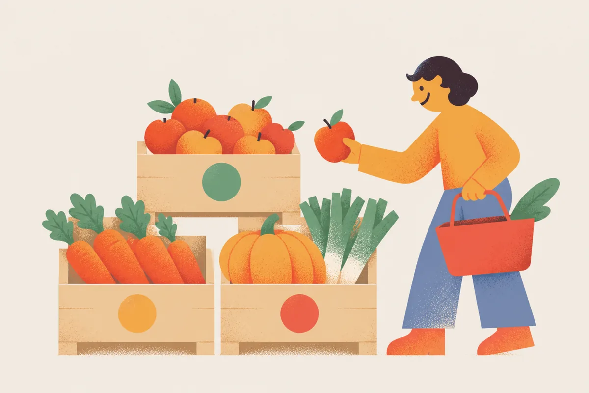 Illustration: Eine Person nimmt einen Apfel aus Gemüsekisten, die mit farbigen Punkten markiert sind