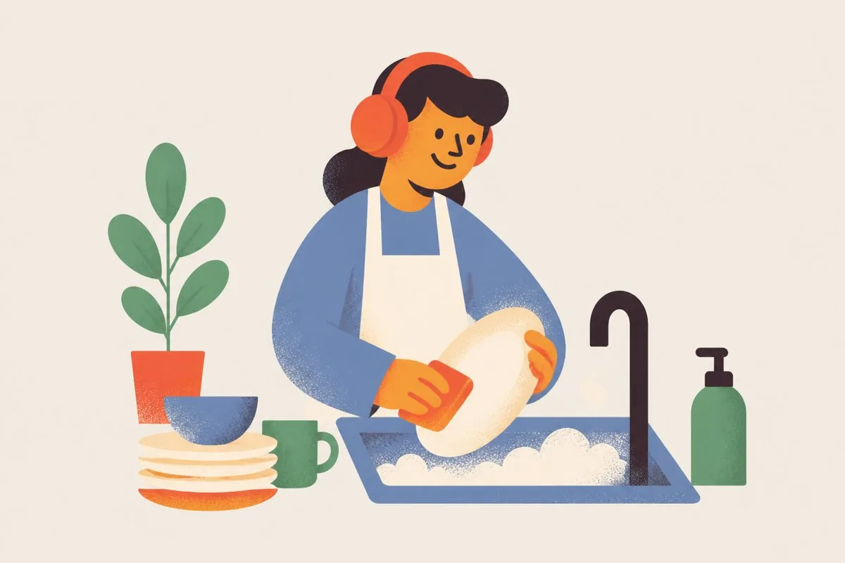 Illustration: Eine Person mit Kopfhörern wäscht gut gelaunt ab